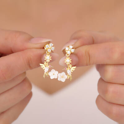 925 Ayar Gümüş Arı Kuşu Sedef Çiçekli Küpe - 2