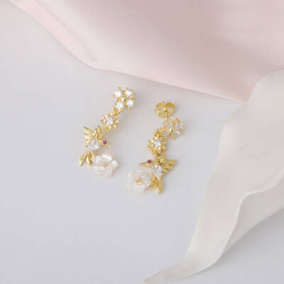 925 Ayar Gümüş Arı Kuşu Sedef Çiçekli Küpe - 3