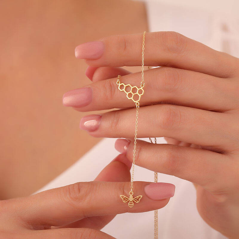 925 Ayar Gümüş Bal Peteği ve Sallantılı Arı Kolye - 1