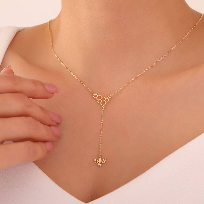 925 Ayar Gümüş Bal Peteği ve Sallantılı Arı Kolye - 3