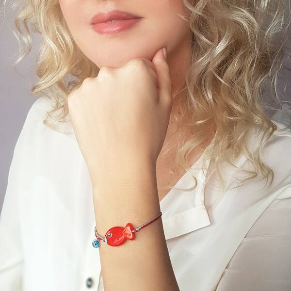 925 Ayar Gümüş El Yapımı Cam Balık Bileklik  - 1