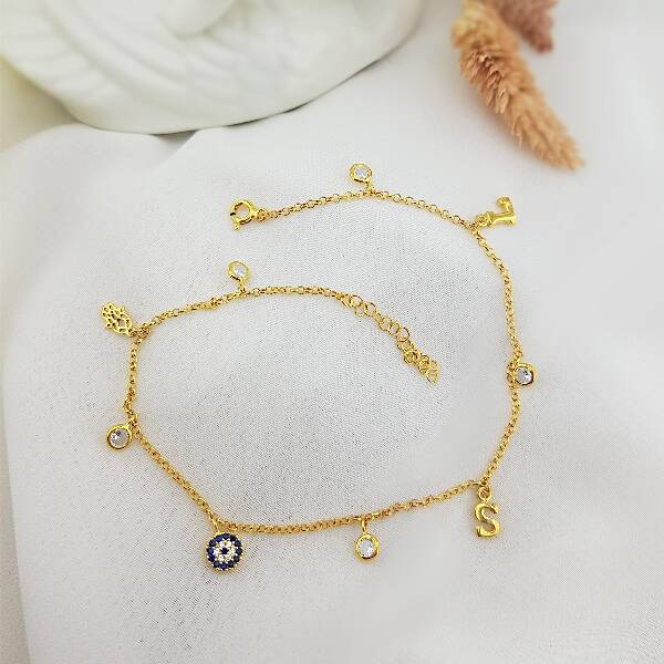 925 Ayar Gümüş Fatmanın Eli Nazar ve Harfli Halhal - 1