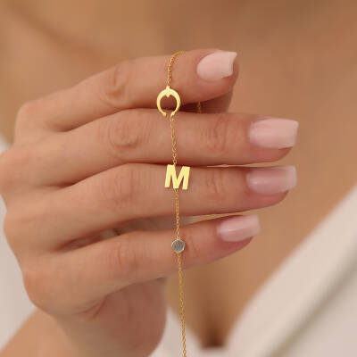 925 Ayar Gümüş Harf ve Nal Taşlı Şans Bileklik - 2