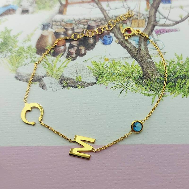 925 Ayar Gümüş Harf ve Nal Taşlı Şans Bileklik - 3