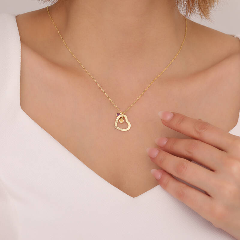 925 Ayar Gümüş İki İsimli ve Taşlı Kalp Kolye - 2