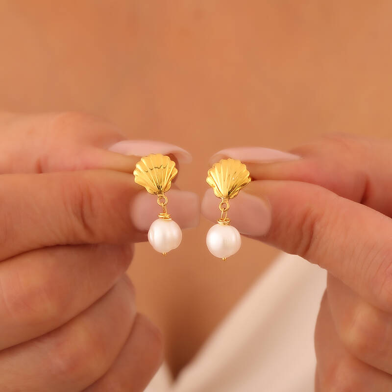 925 Ayar Gümüş İnci Sallantılı İstiridye Küpe - 2