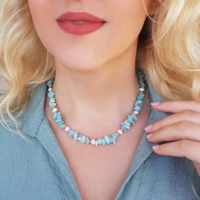 925 Ayar Gümüş İnci ve Amazonit Taşlı Kolye - 1