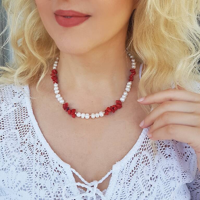 925 Ayar Gümüş İnci ve Mercan Taşlı Kolye - 1