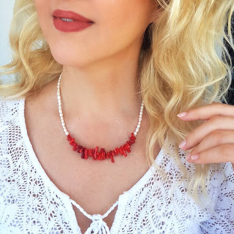 925 Ayar Gümüş İnci ve Mercan Taşlı Kolye  - 1