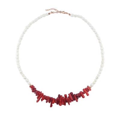 925 Ayar Gümüş İnci ve Mercan Taşlı Kolye  - 2