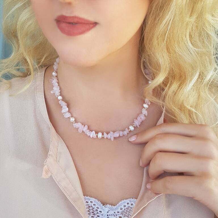 925 Ayar Gümüş İnci ve Pembe Kuvars Taşlı Kolye - 1