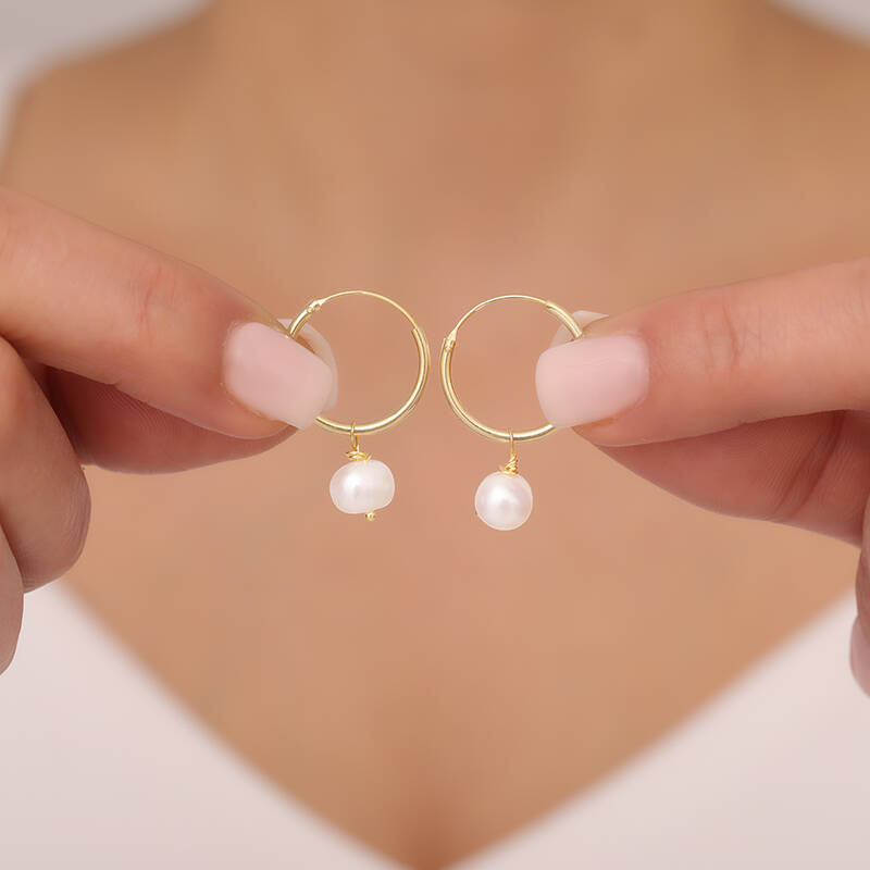 925 Ayar Gümüş İncili Halka Küpe - 2