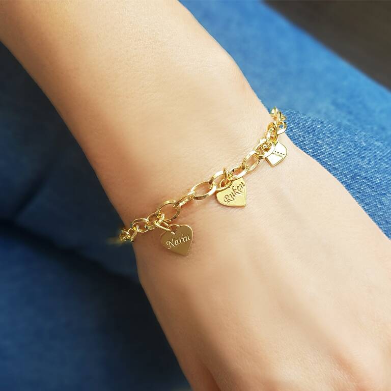 925 Ayar Gümüş İsimli Oval Zincir Kalpli Bileklik - 2