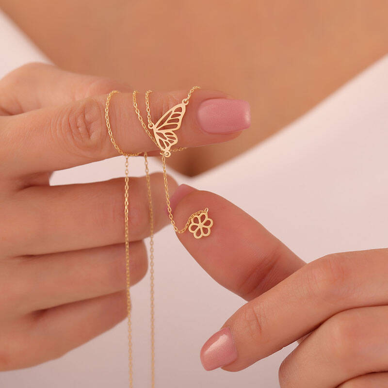 925 Ayar Gümüş Kelebek ve Çiçek Kolye - 1