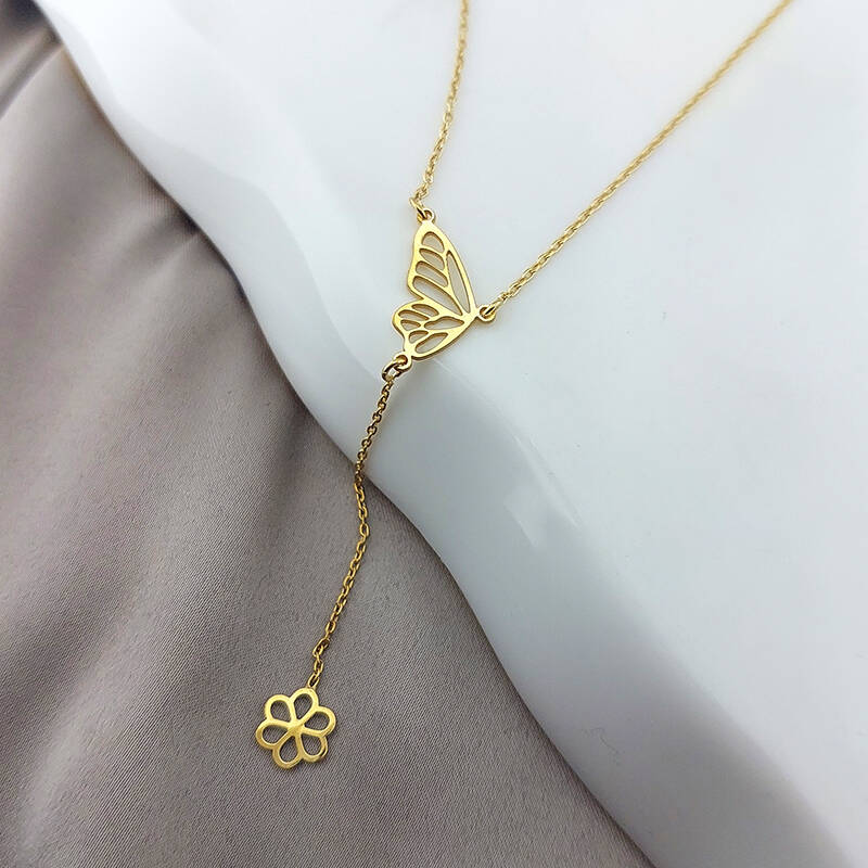 925 Ayar Gümüş Kelebek ve Çiçek Kolye - 2