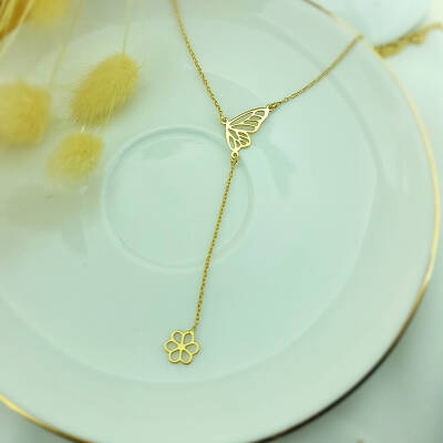 925 Ayar Gümüş Kelebek ve Çiçek Kolye - 4