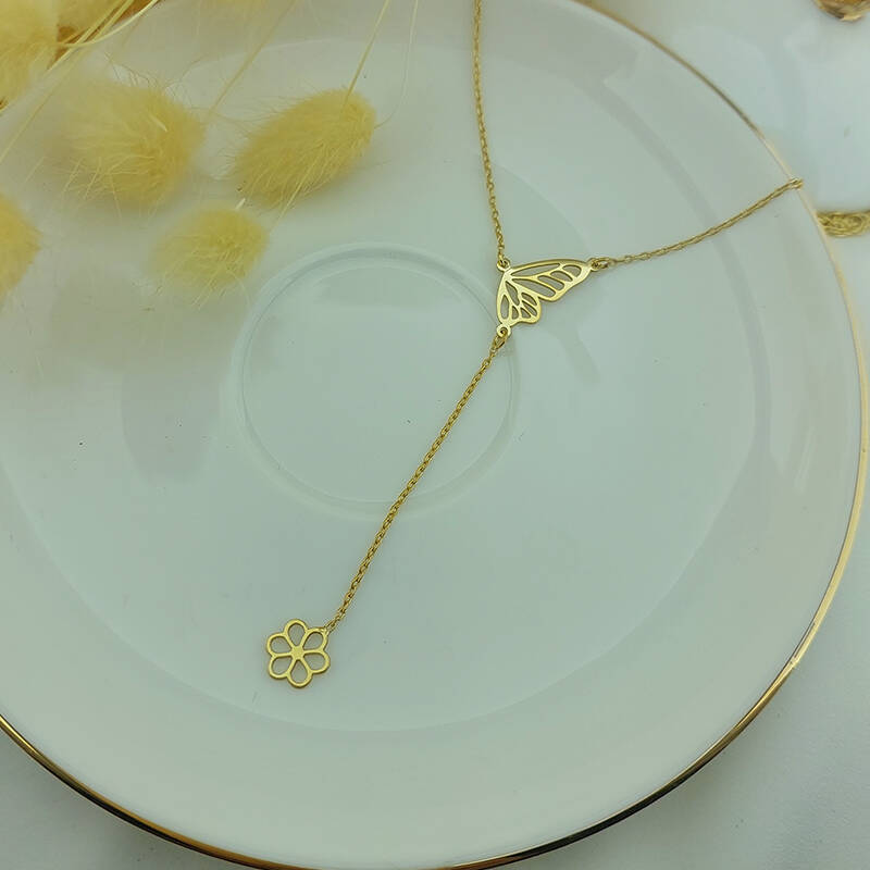 925 Ayar Gümüş Kelebek ve Çiçek Kolye - 5