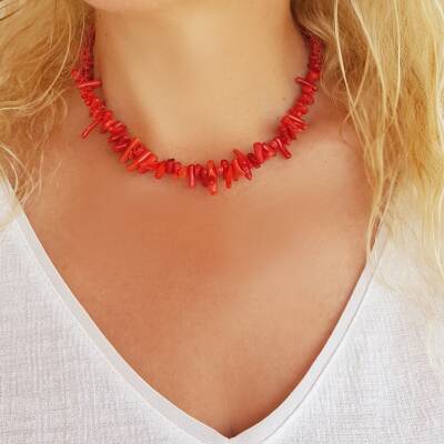 925 Ayar Gümüş Kırmızı Mercan Kolye - 1