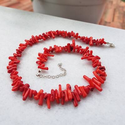 925 Ayar Gümüş Kırmızı Mercan Kolye - 2