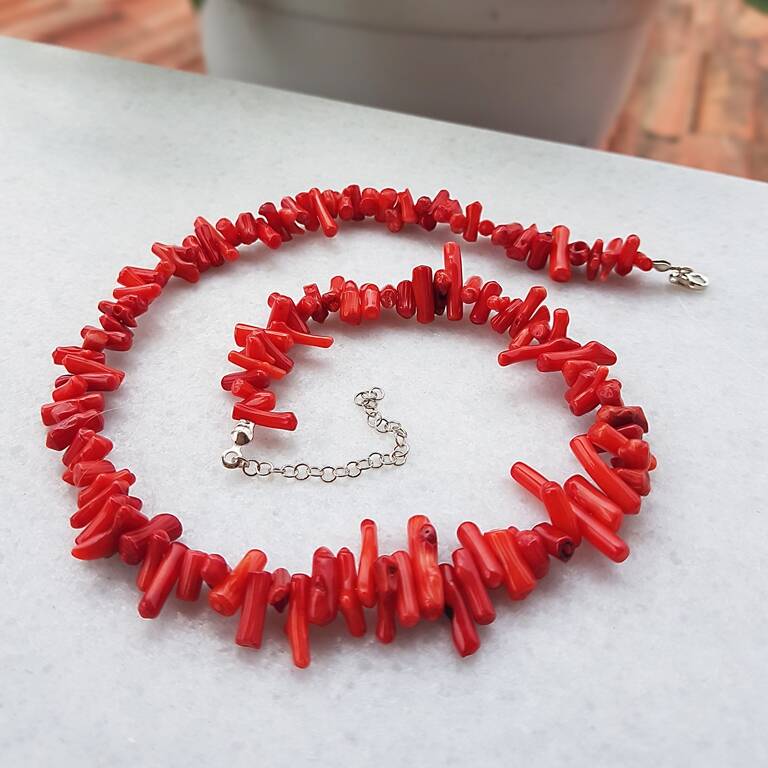 925 Ayar Gümüş Kırmızı Mercan Kolye - 2