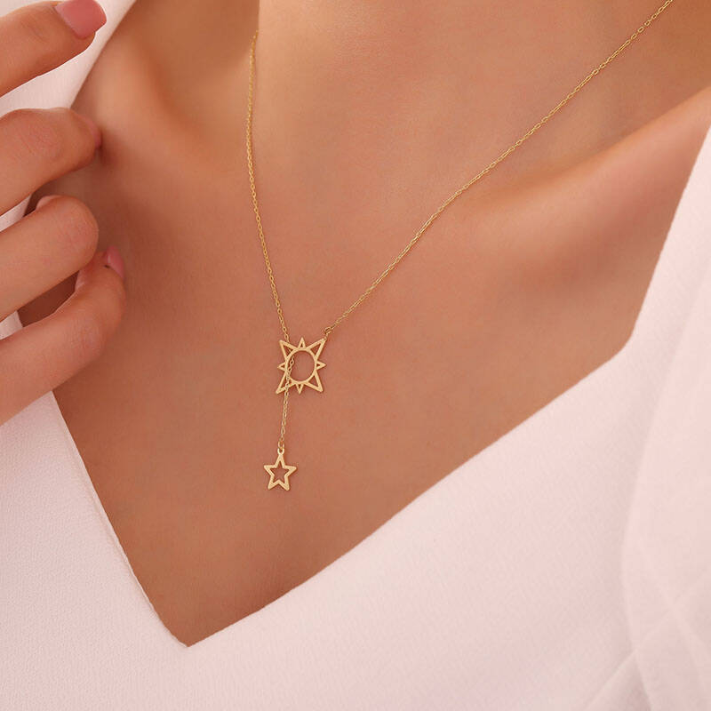 925 Ayar Gümüş Kutup Yıldızı ve Sallantılı Yıldız Kolye - 1