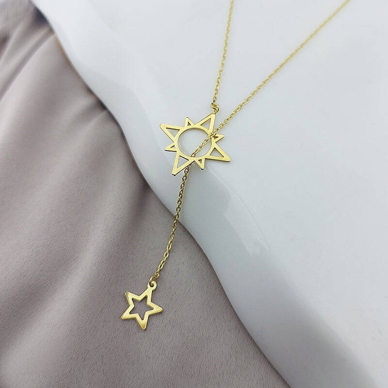 925 Ayar Gümüş Kutup Yıldızı ve Sallantılı Yıldız Kolye - 4