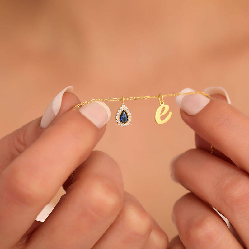 925 Ayar Gümüş  Lacivert Damla Taşlı Harf Kolye - 2