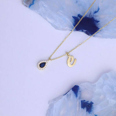 925 Ayar Gümüş  Lacivert Damla Taşlı Harf Kolye - 3