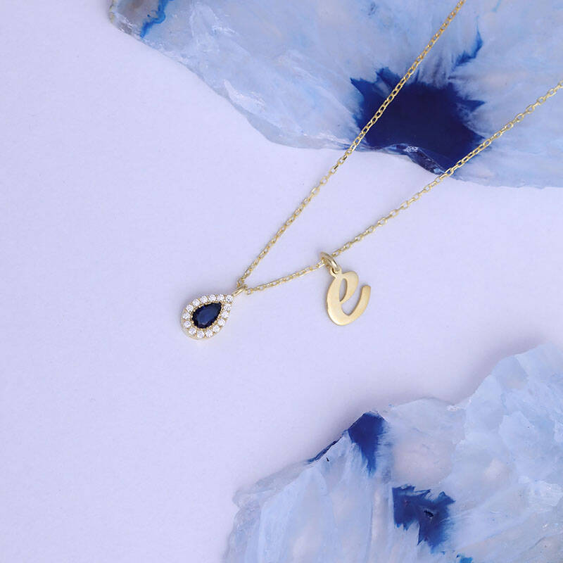 925 Ayar Gümüş  Lacivert Damla Taşlı Harf Kolye - 3