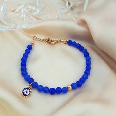 925 Ayar Gümüş Mavi Kuvars Taşlı Nazar Bileklik  - 2