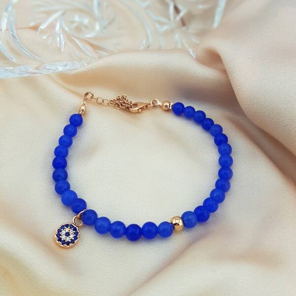 925 Ayar Gümüş Mavi Kuvars Taşlı Nazar Bileklik  - 2