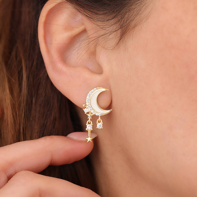 925 Ayar Gümüş Mineli Hilal Sallantılı Yıldız Küpe - 1