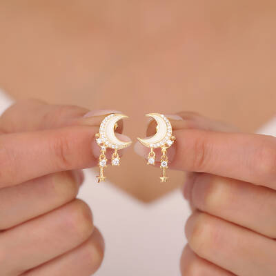 925 Ayar Gümüş Mineli Hilal Sallantılı Yıldız Küpe - 2