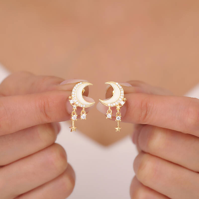 925 Ayar Gümüş Mineli Hilal Sallantılı Yıldız Küpe - 2