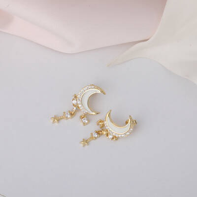 925 Ayar Gümüş Mineli Hilal Sallantılı Yıldız Küpe - 3