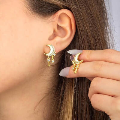 925 Ayar Gümüş Mineli Hilal Sallantılı Yıldız Küpe - 4