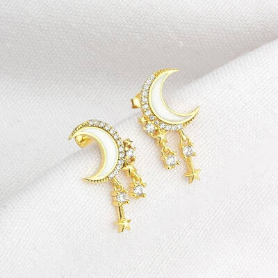 925 Ayar Gümüş Mineli Hilal Sallantılı Yıldız Küpe - 5