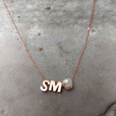 925 Ayar Gümüş Minimal İki Harfli İnci Kolye - 2