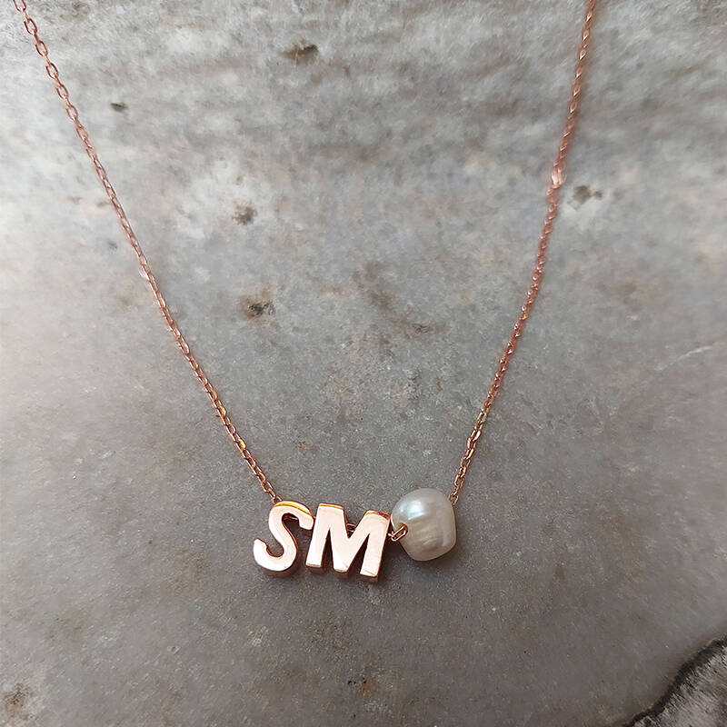 925 Ayar Gümüş Minimal İki Harfli İnci Kolye - 2