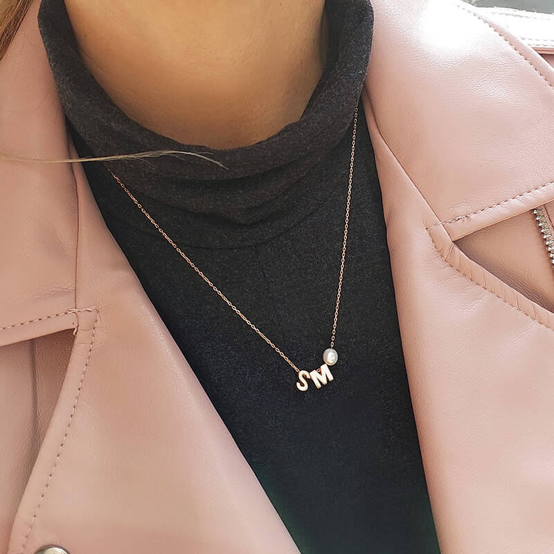 925 Ayar Gümüş Minimal İki Harfli İnci Kolye - 3