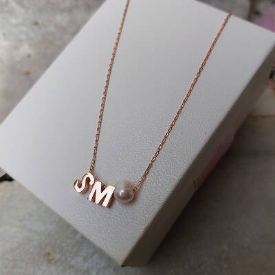 925 Ayar Gümüş Minimal İki Harfli İnci Kolye - 5