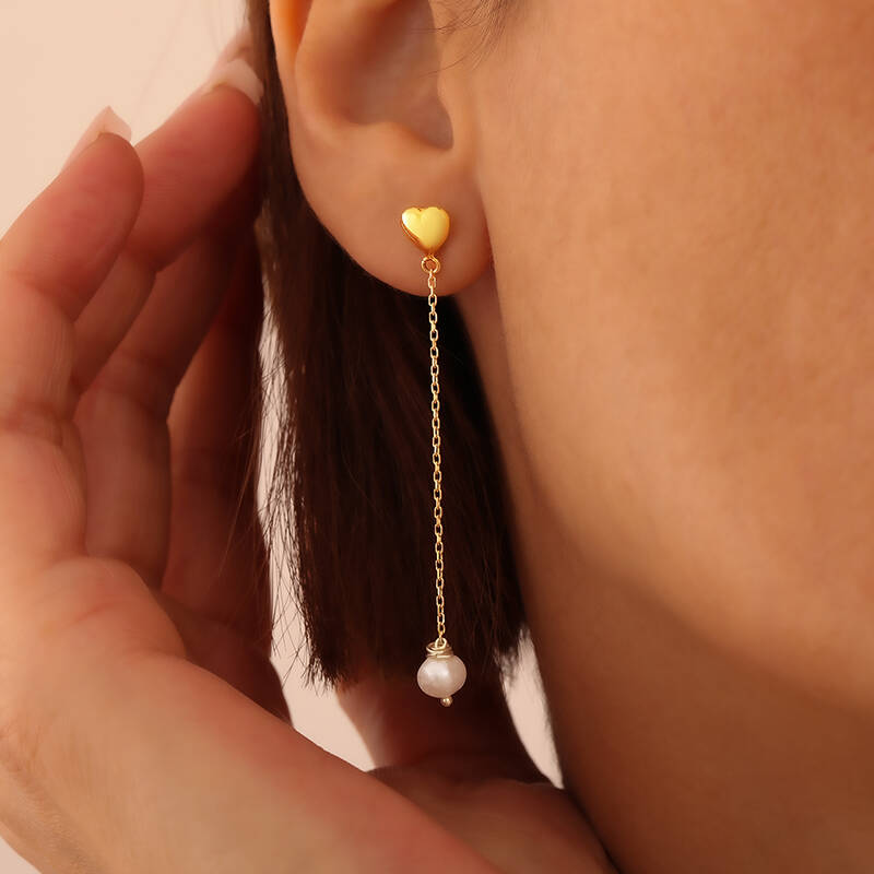 925 Ayar Gümüş Minimal Kalp Figürlü İnci Küpe - 1