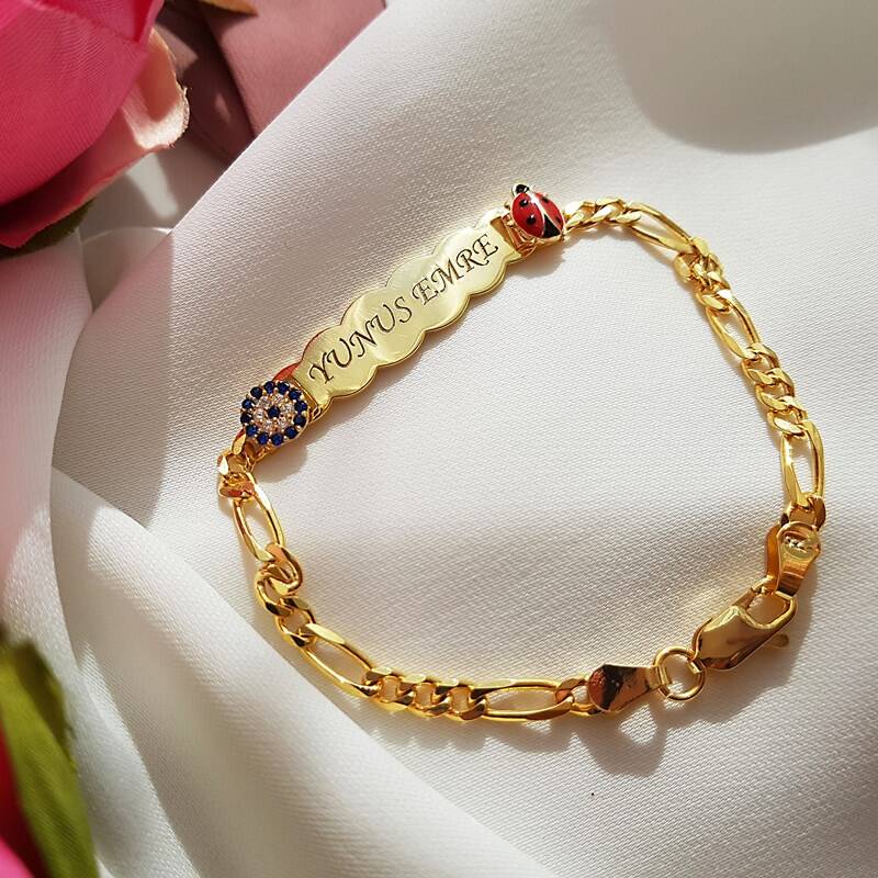 925 Ayar Gümüş Nazar ve Uğur Böcekli İsimli Çocuk Bileklik - 1