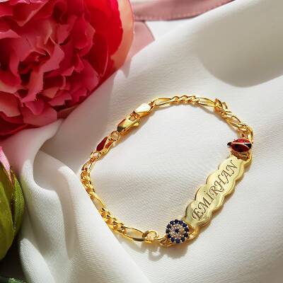 925 Ayar Gümüş Nazar ve Uğur Böcekli İsimli Çocuk Bileklik - 2