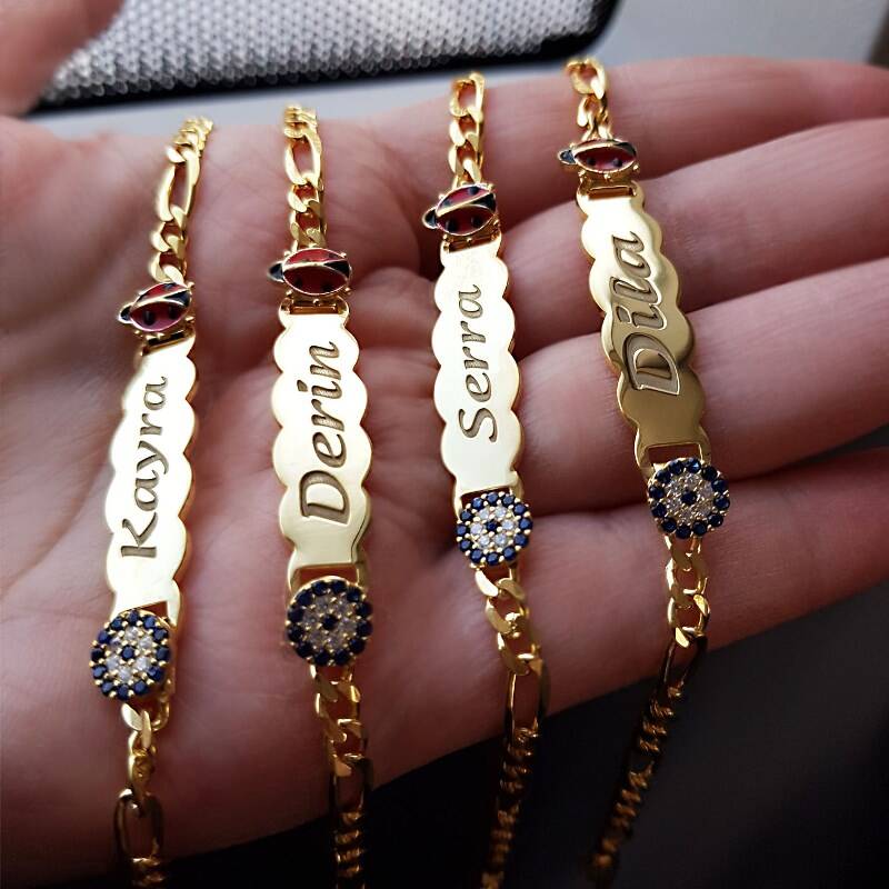 925 Ayar Gümüş Nazar ve Uğur Böcekli İsimli Çocuk Bileklik - 3