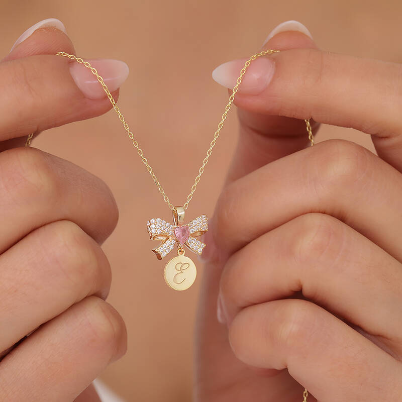 925 Ayar Gümüş Pembe Kalpli Kurdele ve Harfli Plaka Kolye - 1