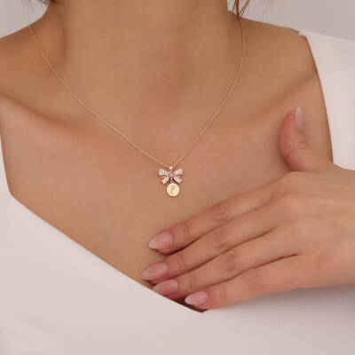 925 Ayar Gümüş Pembe Kalpli Kurdele ve Harfli Plaka Kolye - 2