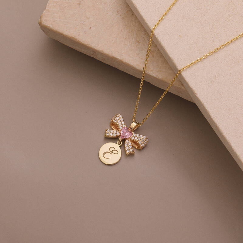 925 Ayar Gümüş Pembe Kalpli Kurdele ve Harfli Plaka Kolye - 3