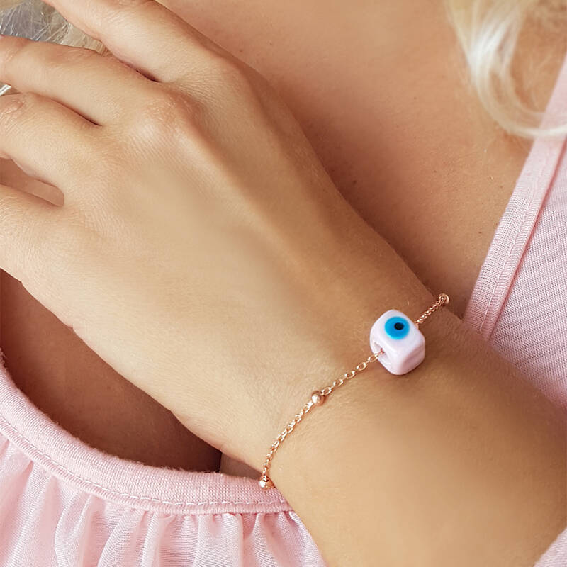 925 Ayar Gümüş Pembe Küp Nazar Bileklik   - 1