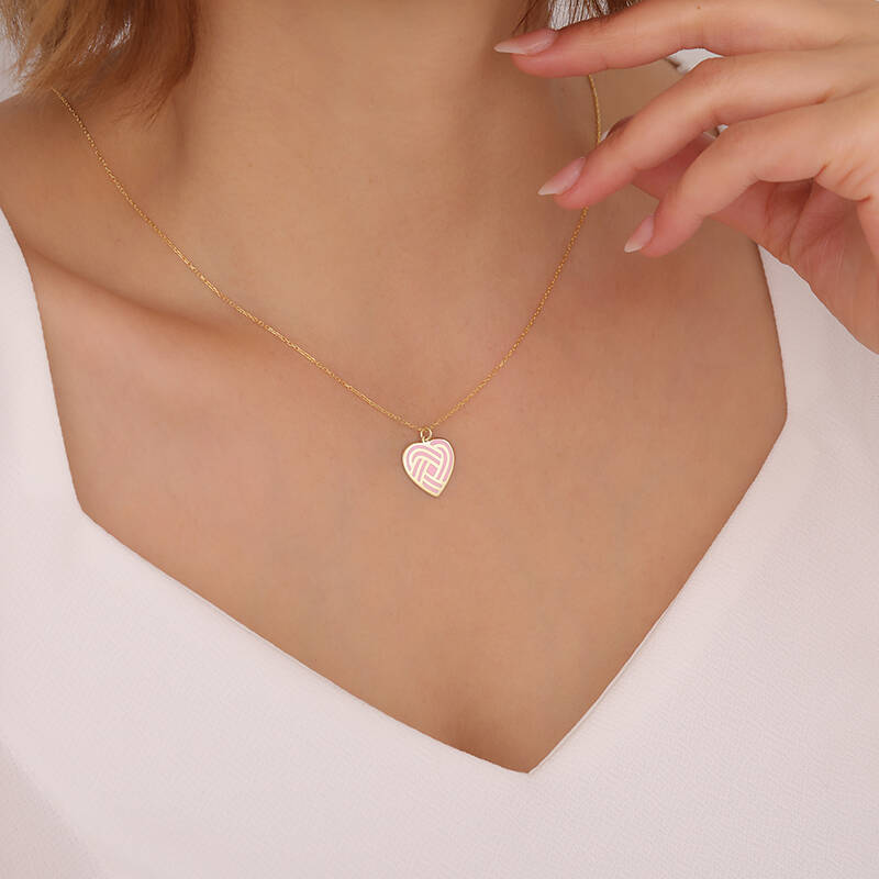 925 Ayar Gümüş Pembe Mineli Spiral Kalp Kolye - 1